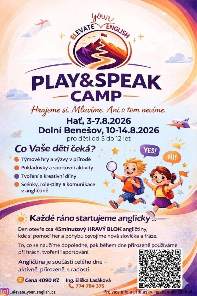 Hrajeme si. Mluvíme. Ani o tom nevíme.    Hať 3.-7.8.2026  Dolní Benešov 10.-14.8.2026    pro děti od 5 do 12 let