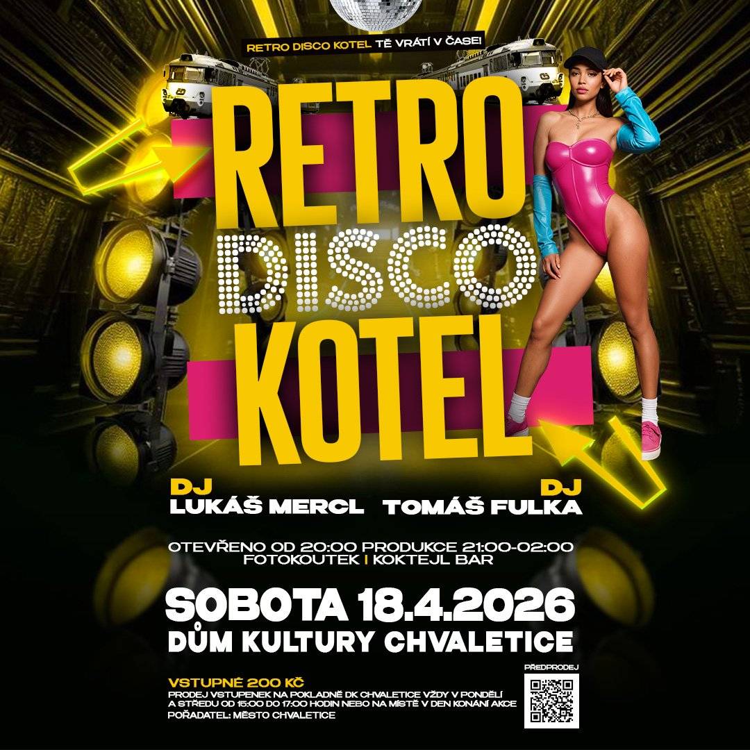 RETRO DISCO KOTEL v sobotu 18.4.2026. Otevřeno od 20 hodin. Fotokoutek a koktejl bar. Vstupné 200 Kč.