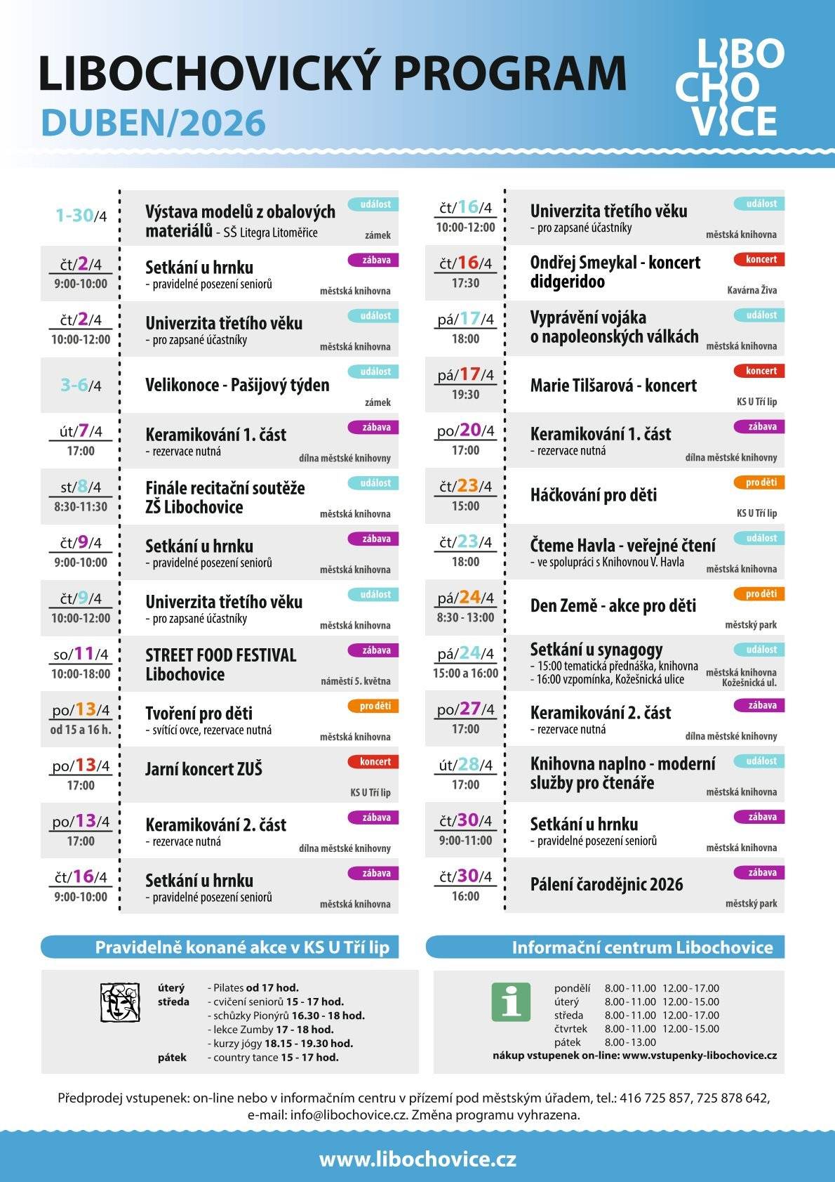 Zveřejňujeme přehled dubnových akcí v Libochovicích.  Těšíme se na setkání!