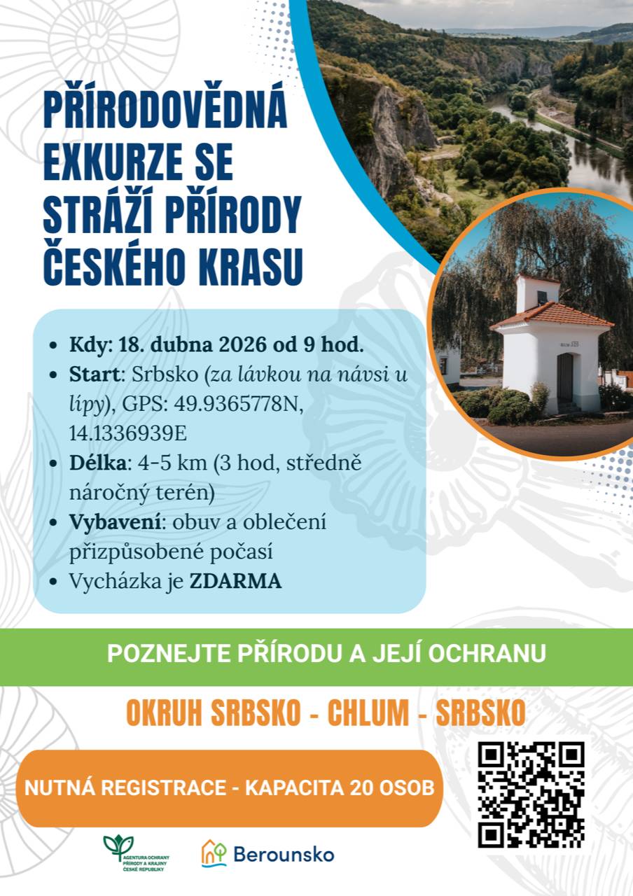 DMO Berounsko a AOPK Vás zvou na komentovanou vycházku Českým krasem. S průvodcem se dozvíte souvislosti o geologii, rostlinách, historii a ochraně přírody a uvidíte místa, která byste sami přehlédli. Registrace přes QR kód nebo na webu https://registrace.berounsko.net/.