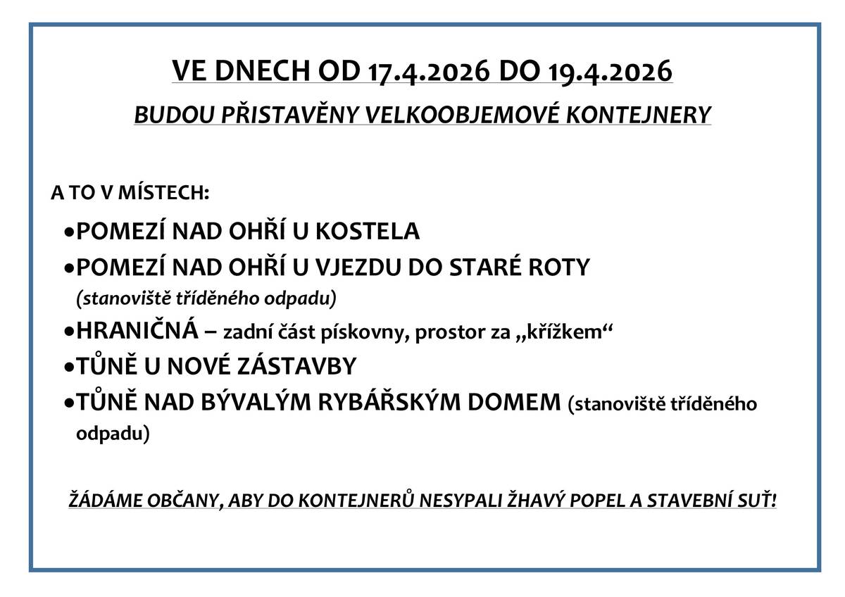 Velkoobjemové kontejnery budou přistaveny v obci Pomezí nad Ohří ve dnech 17.4. - 19. 4. 2026