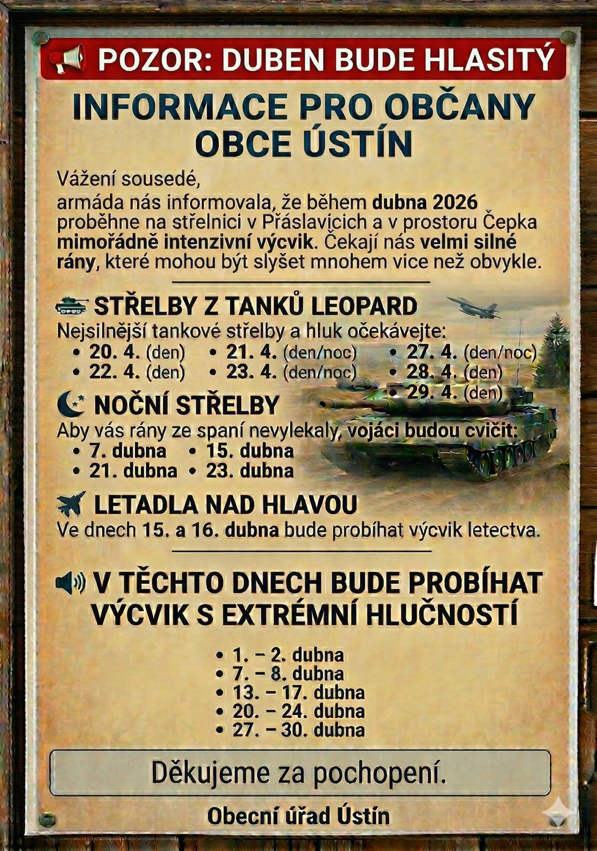 Zvýšená hluková zátěž v měsíci dubnu 2026.