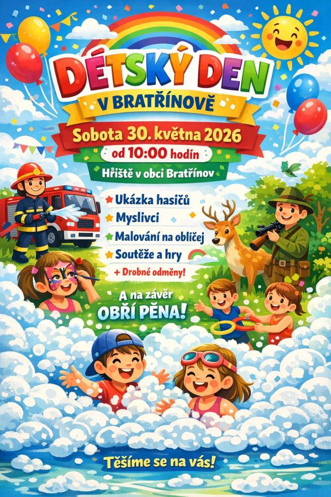 Srdečně Vás zveme na Den dětí v sobotu 30. května 2026 od 10 hod. do sportovního areálu.