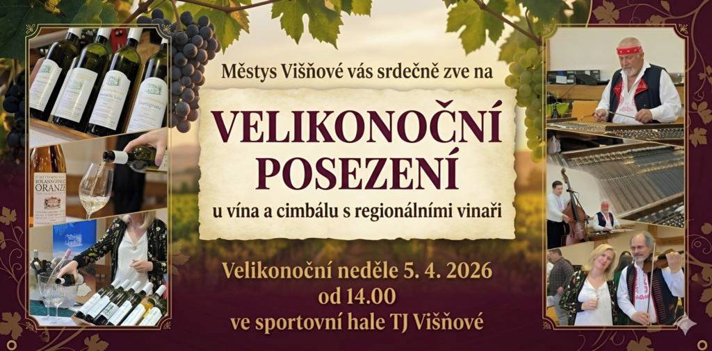 Na Velikonoční neděli 5. dubna 2026 od 14.00 se koná posezení u vína a cimbálu s regionálními vinaři. Tato akce slibuje příjemné chvíle, dobré víno a hudební zážitek.