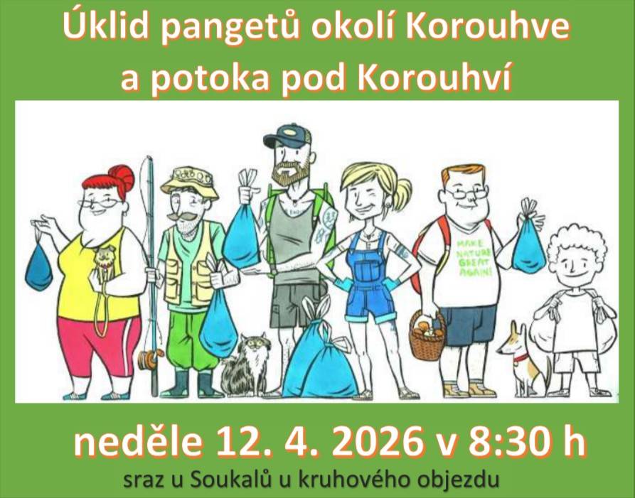 Klub přátel čisté přírody pořádá úklid okolí Korouhve. Přijďte se zapojit do společného úklidu. Sraz účastníků je v neděli 12.4. v 8:30 u Soukalů, u kruhového objezdu. Předem děkujeme všem za účást.