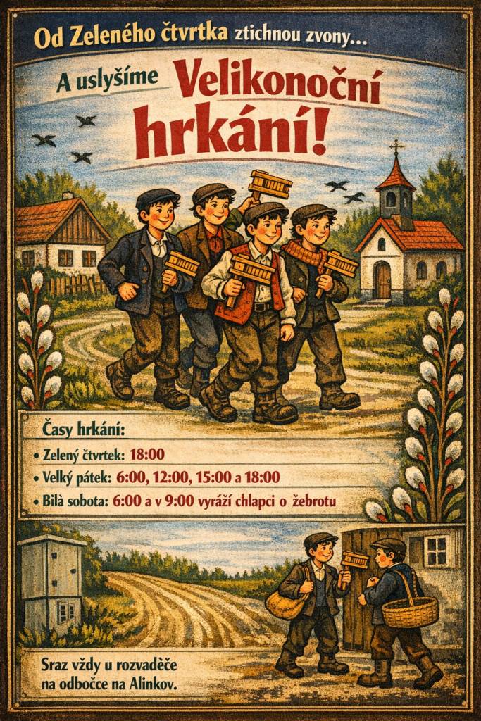 Od zeleného čtvrtka utichnou kostelní zvony a uslyšíme velikonoční hrkání. Časy hrkání: zelený čtvrtek v 18hod; velký pátek 6:00, 12:00, 15:00 a 18hod; bílá sobota 6:00 a v 9.hod, vyrazí chlapci "O žebrotu".