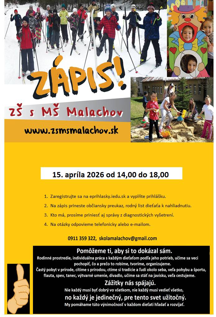 Zápis do 1. ročníka ZŠ s MŠ v Malachove dňa 15.04.2026