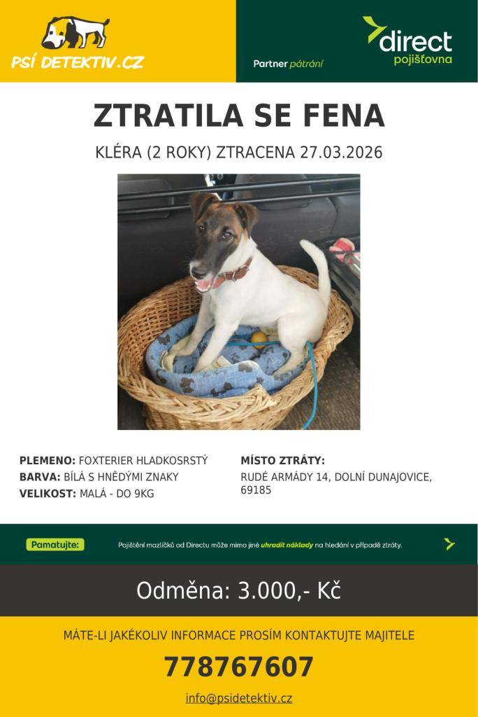 V obci Dolní Dunajovice, ul. Rudé armády (okr. Břeclav) se dne 27.3. ztratila čipovaná fena hladkosrstého foxteriéra jménem Kléra!!!  Kdybyste měli nějaké informace, volejte prosím na  778767607, případně napište na email  filip.shromazdil@gmail.com