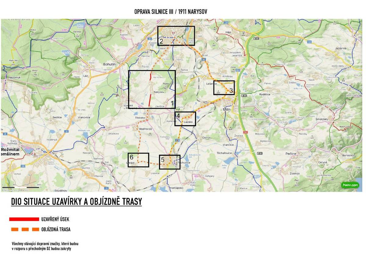 Důvod stanovení: oprava povrchu komunikace III/1911 u obce Narysov   Termín stanovení úpravy provozu: 13.04.2026 – 30.04.2026