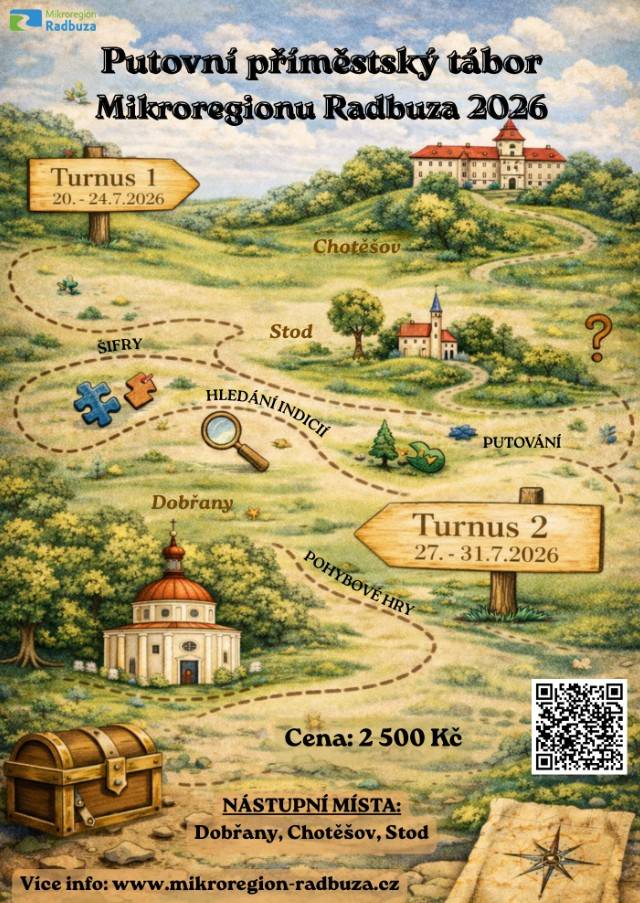 Přijďte si s námi užít 5 dní dobrodružství putování po obcích Mikroregionu Radbuza. Čekají vás bojovky, únikovky a to každý den na jiném místě.  Navštíví nás i hasiči, policisté, ale také budeme například mít bojovku po klášteře v Chotěšově.  Tábor bude bohatý na hry, šifry, pohyb, poznávání, putová