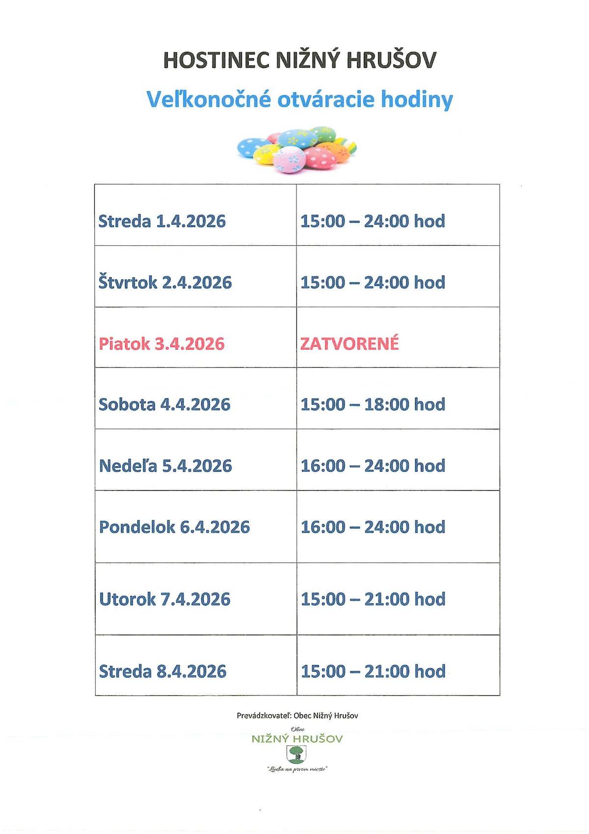 Veľkonočné otváracie hodiny - HOSTINEC NIŽNÝ HRUŠOV