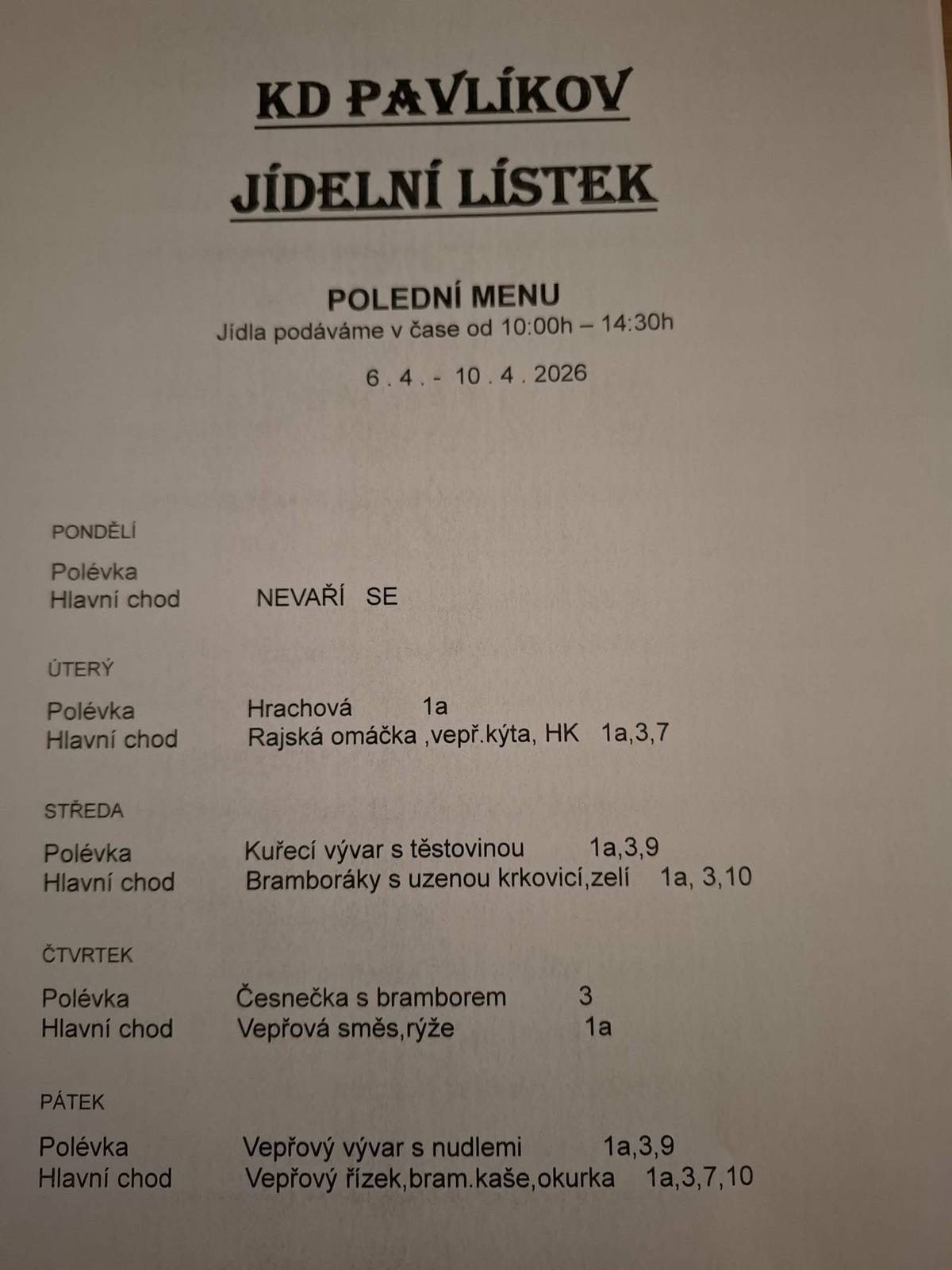 Jídelní lístek KD Pavlíkov v týdnu od 6.4. do 10.4.2026