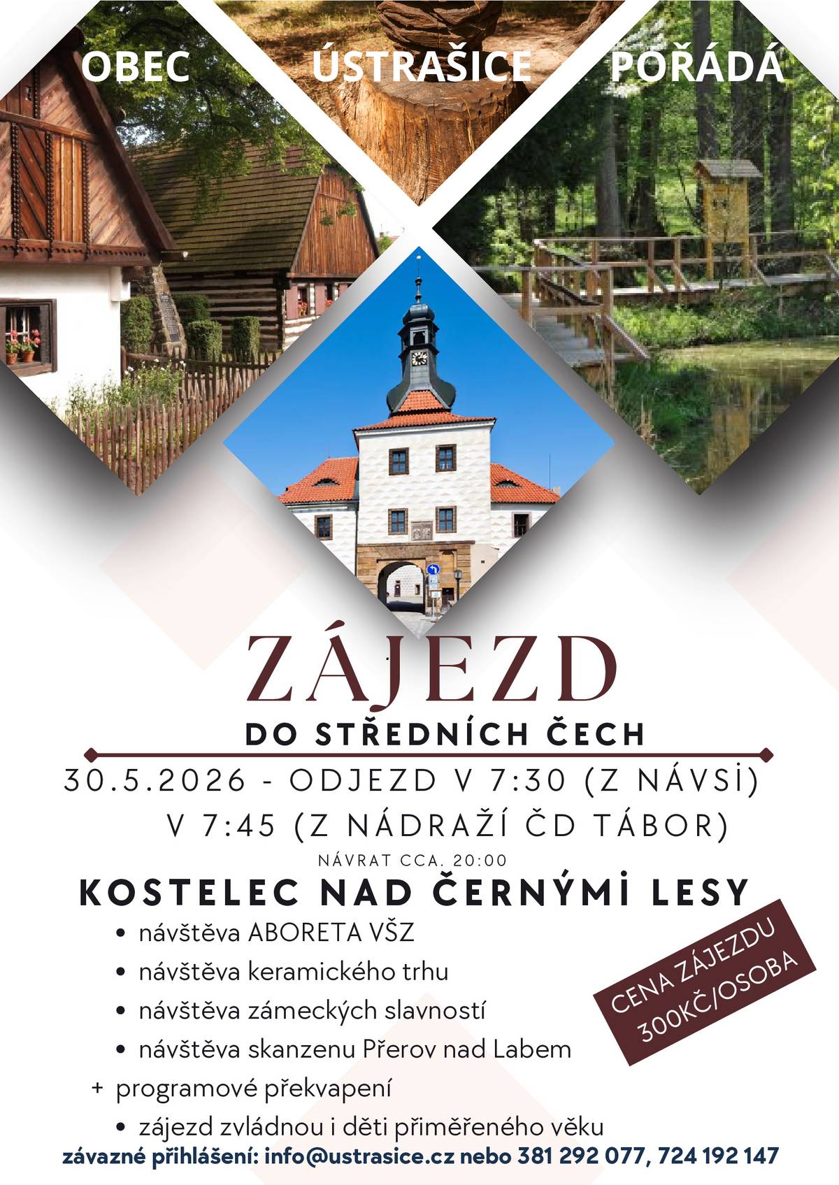 Dne 30.5. 2026 pořádá Obec Ústrašice ve spolupráci s p. Jahelkou ZÁJEZD DO STŘEDNÍCH ČECH. Odjezd je plánován na 7:30 z návsi obce, návrat cca 20:00 hod. Podrobnější info na OÚ Ústrašice. Program : * návštěva ARBORETA Vys. školy zemědělské v Kostelci nad Černými lesy * návštěva keramického trhu * návštěva zámeckých slavností * návštěva skanzenu Přerov nad Labem + programové překvapení. Zájezd zvládnou děti přiměřeného věku i senioři. Cena zájezdu je 300,- / osoba.  Závazné přihlášení na email OÚ nebo na tel č. 381292077, 724192147.