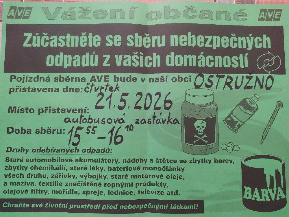 Vážení spoluobčané, ve čtvrtek 21.5.2026 proběhne svoz nebezpečného odpadu. V Ostružně 15:55 - 16:10 na autobusové zastávce, v Borku 16:15 - 16:25 na stanovišti kontejnerů. Prosíme o převezení nebezpečného odpadu až v době příjezdu firmy AVE CZ.