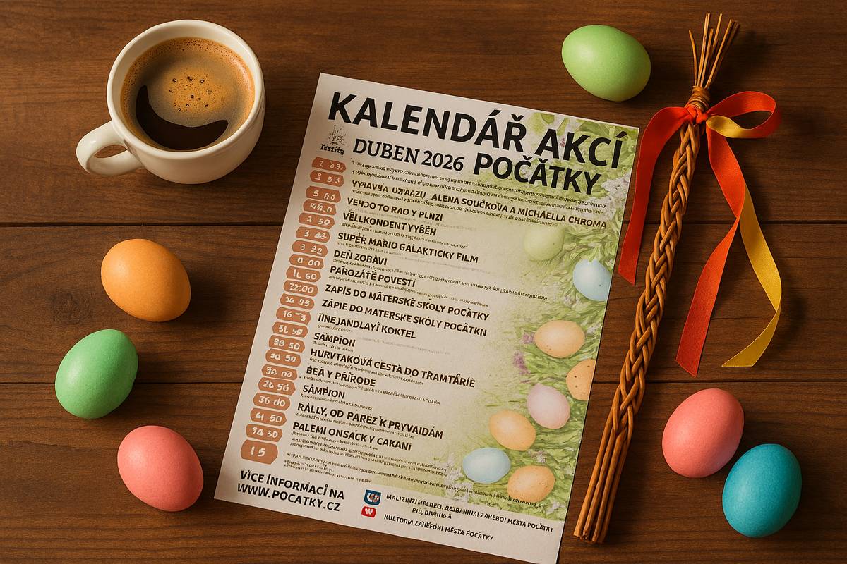 🌷 Duben 2026 v Počátkách – na co se těšit? 🌷 📅 1. 4. – 3. 5. Výstava v Městském muzeu – Mincovní nálezy na Počátecku Historická výstava pro milovníky místní historie. 📅 Každé úterý Mateřské centrum Lvíček – setkávání rodičů s dětmi Příjemné dopoledne pro malé i velké. 📅 4. 3. – 29. 5. Výstava obrazů – Alena Součková & Michaela Chromá K vidění v Galerii nad knihovnou.  🎉 HLAVNÍ UDÁLOSTI DUBNA 📅 4. 4. — 19:00 Někdo to rád v Plzni Komedie v kině Počátky.  📅 5. 4. — 9:00 Velikonoční výběh Tradiční běh kolem Počátek.  📅 5. 4. — 16:00 Super Mario Galaktický film Rodinná animovaná zábava.  📅 11. 4. — 13:00–17:00 Den zdraví – Palackého náměstí Stanoviště, prevence, zábava, měření zdraví.  📅 11. 4. — 19:00 Parohaté pověsti Divadelní komedie Divadelního souboru Rynárec.  📅 15. 4. — 9:00–16:00 Zápis do Mateřské školy Počátky Na Komenského sadech 556.  📅 16. 4. — 19:00 Muzikálový koktejl Mix hitů z českých i světových muzikálů.  📅 18. 4. — 09:30 Divadlo pro děti – O chytré ženě Blaženě Pohádka v kině Počátky.  📅 18. 4. — 13:00 Běh v přírodě Sportovní akce pro milovníky běhání.  📅 18. 4. — 16:00 Hurvínkova cesta do Tramtárie Loutková pohádka pro děti.  📅 18. 4. — 19:00 Kill Bill: The Whole Bloody Affair Speciální dlouhé uvedení kultovního filmu.  📅 24. 4. — 19:00 Šampion Animovaný film.  📅 25. 4. — 16:00 Rally: Od Paříže k pyramidám Dobrodružný film.  📅 28. 4. — 14:00 - 16:00 Čtenářský klub pro seniory Knihovna Povídání o zajímavých knihách 📅 30. 4. — 17:00 Pálení čarodějnic – u hasičské zbrojnice Oheň, jídlo, zábava pro děti i dospělé.  🌊 1. 5. — 14:00 Valchovské cákání – 11. ročník Otužilci a fanoušci zdaru i zábavy se setkávají na Valše.