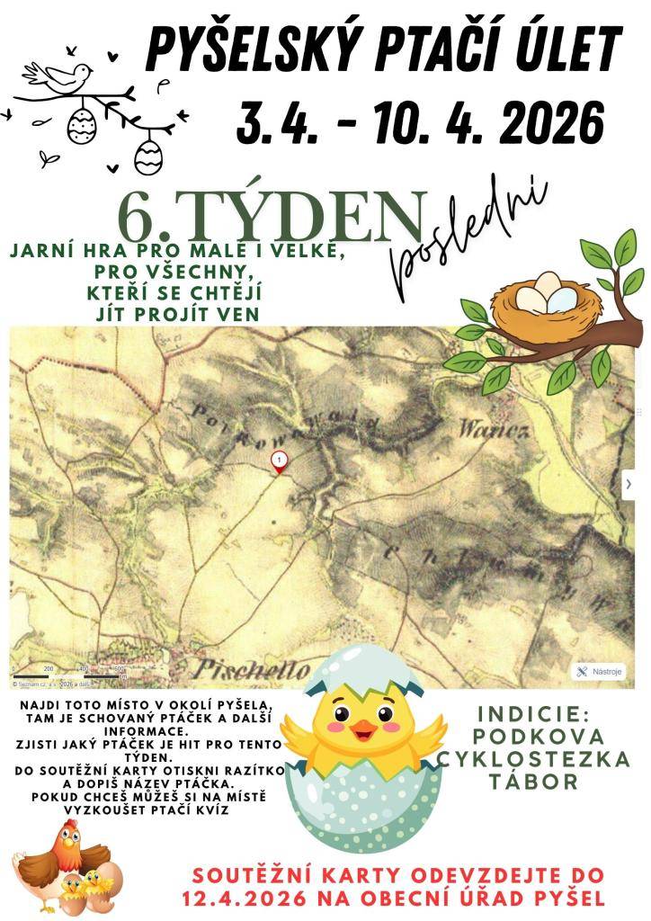 Poslední ptáček, kterého můžete objevit v této hře. Tak hurá do toho. Nezapomeňte odevzdat do 12.4.2026 soutěžní karty na obecní úřad. V sobotu 18.4. bude vyhodnocení.