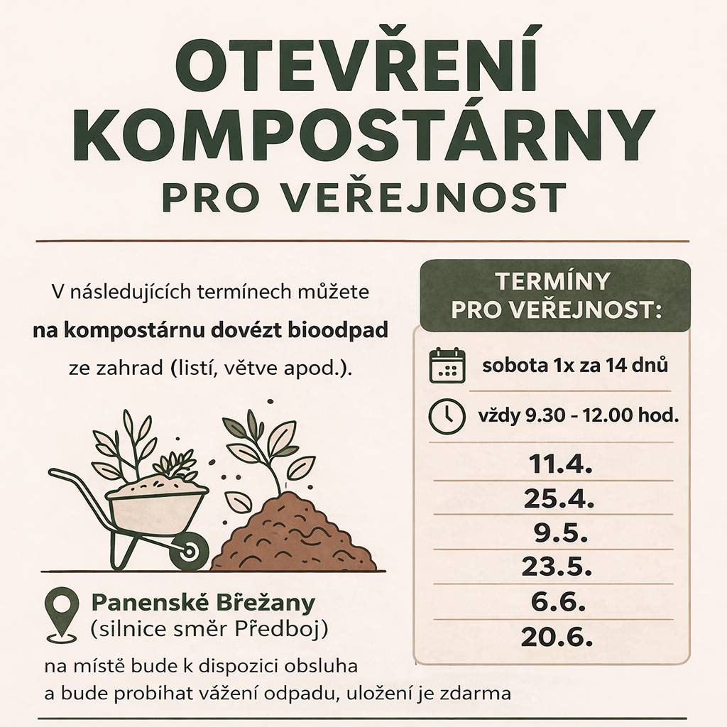 Počínaje dubnem 2026 nabízíme ve spolupráci s panem Ondřejem Bačinou možnost vlastního odvozu bioodpadu na kompostárnu v naší obci. V uvedených termínech můžete na kompostárnu dojet vlastním autem a odložit zde bioodpad z Vašich zahrad. Uložení bioodpadu je zdarma, podmínkou je pouze jeho zvážení.