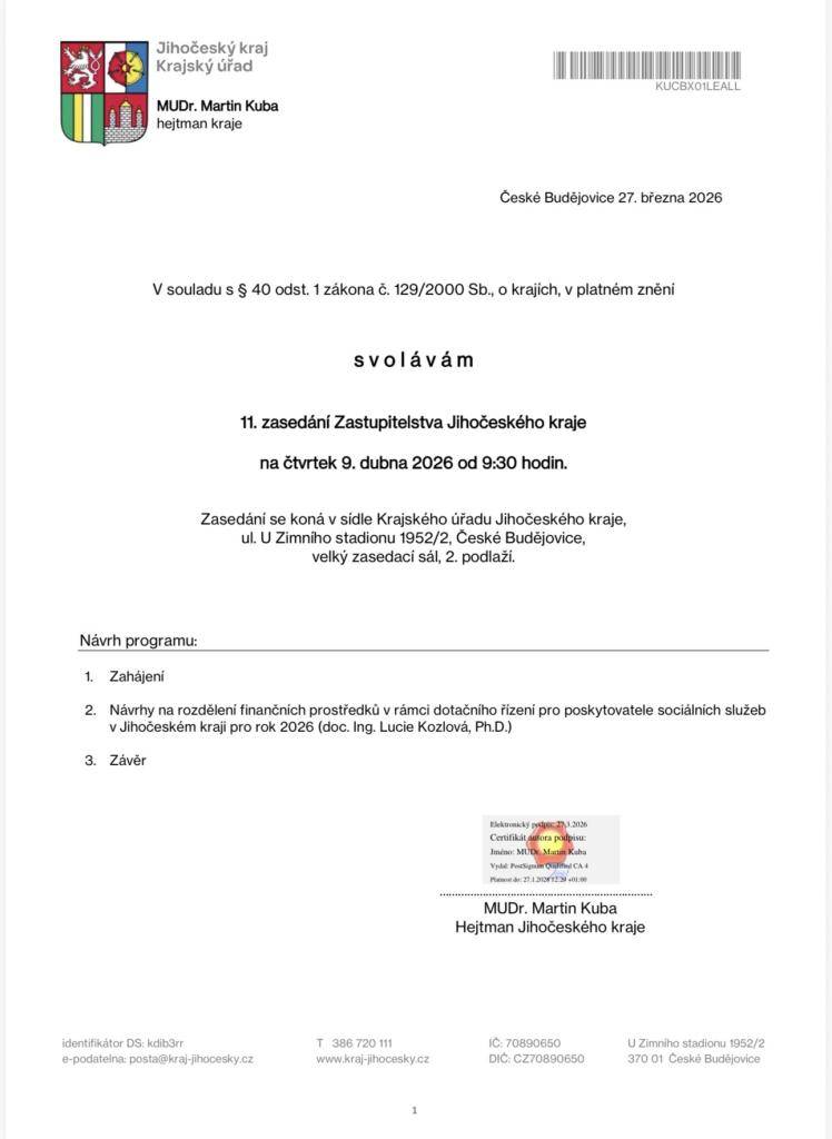 Hejtman Jihočeského kraje MUDr. Martin Kuba svolává na 9.4.2026 od 9:30 hodin zasedání Zastupitelstva Jihočeského kraje.