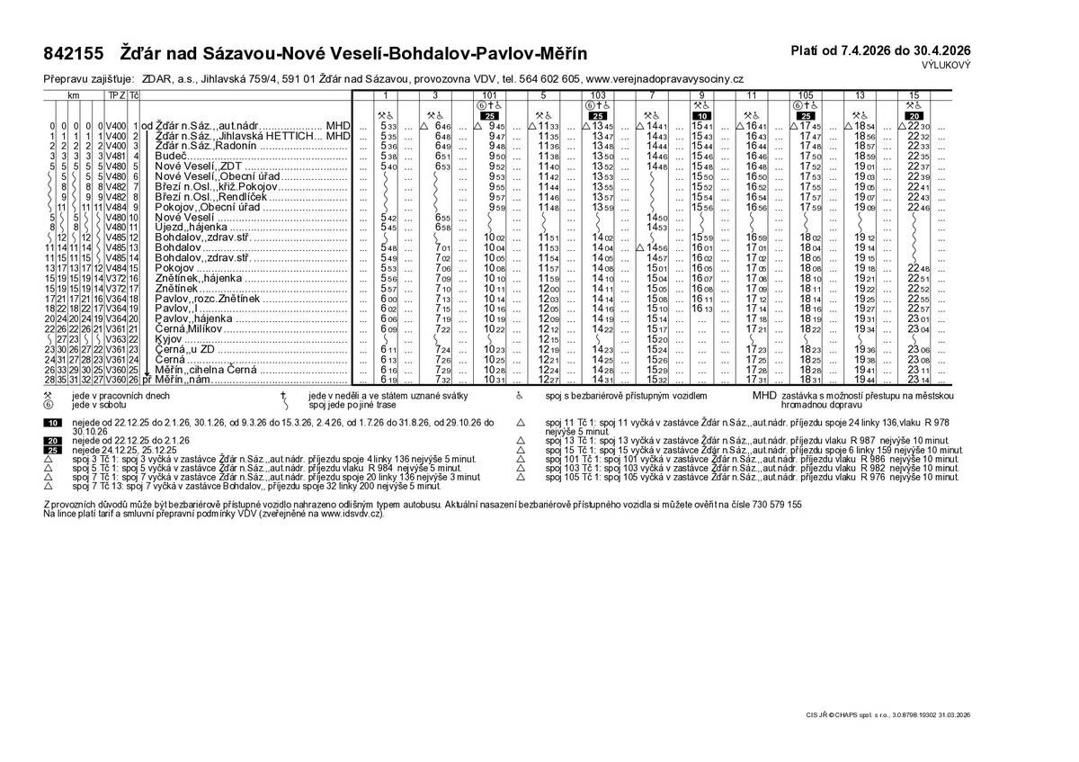 Z důvodu uzavírky silnice Chroustov – Kyjov dojde od úterý 7. dubna ke změně jízdního řádu linky 842155, která bude po dobu uzavírky zajišťovat obsluhu obce Kyjov.  Z důvodu prodloužení trasy vybraných spojů přes Kyjov a z oběhových důvodů dopravce dojde k časovým posunům vybraných spojů v řádu minut. Žádáme cestující, aby věnovali pozornost jízdnímu řádu a před cestou si přesný čas odjezdu spoje ověřili v elektronických vyhledávačích spojení. Jízdní řády budou platit do 30. dubna 2026. V příloze zasíláme výlukový jízdní řád linky 842155,