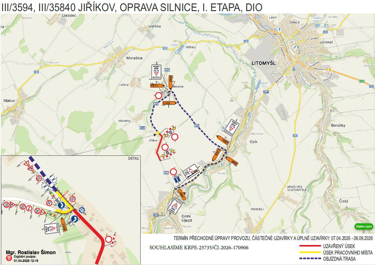 Od 7. 4. do 15. 11. 2026 (předpoklad), bude z důvodu rekonstrukce silnice a výstavby chodníku uzavřena silnice v Jiříkově v celé své šíři. Níže naleznete mapky objízdných tras pro jednotlivé etapy uzavírky. Autobusová doprava a dopravní obslužnost jsou v současné době v řešení. Žádáme občany i řidiče o trpělivost a respektování dopravního značení. Při průchodu místem realizace prosíme o zvýšenou opatrnost. Děkujeme za pochopení. MADOS MT, Pardubický kraj, obec DÚ