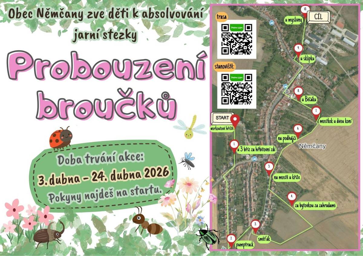 Obec Němčany zve všechny děti k absolvování jarní stezky Probouzení broučků. Doba trvání akce je od 3.4. do 24.4.2026. Stezka začíná na workoutovém hřišti, kde najdete pokyny a všechny potřebné informace.  Užijte si zábavu!