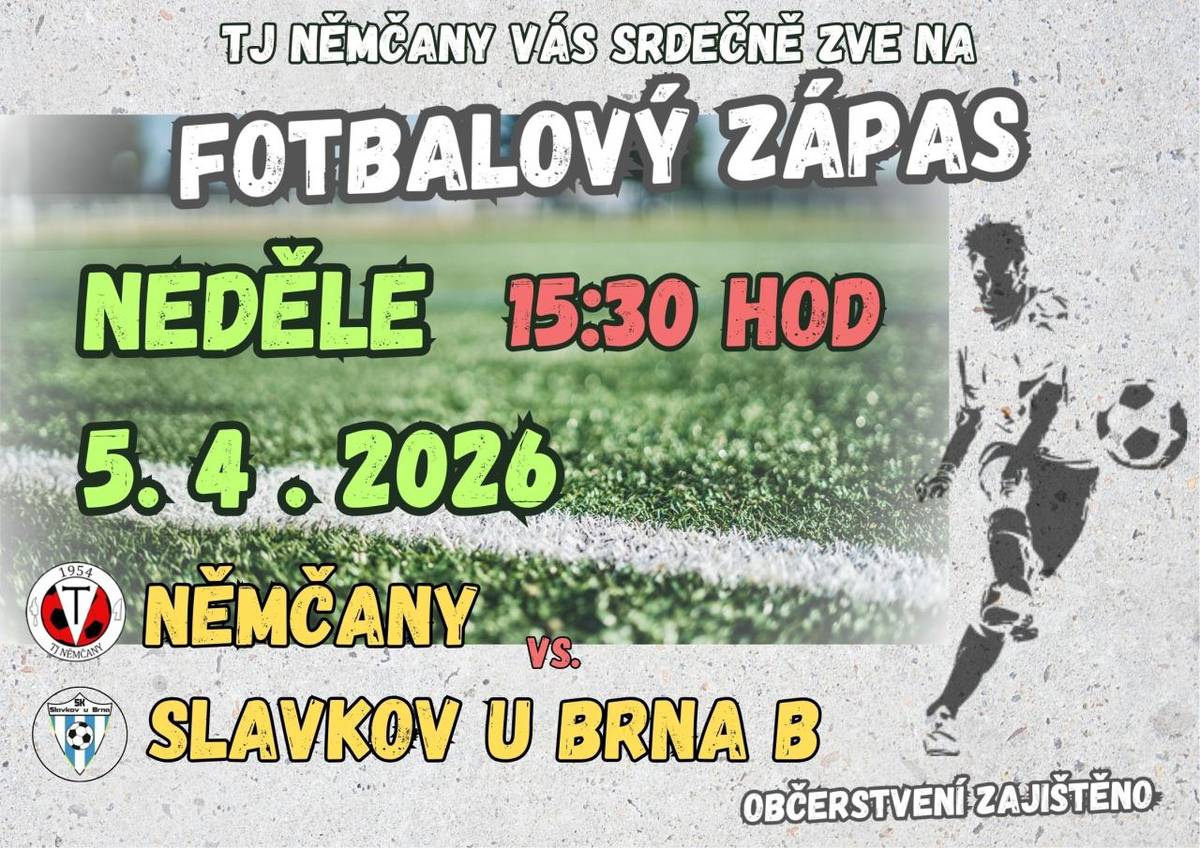 TJ Němčany oddíl kopané zve na nadcházející fotbalový zápas, který se uskuteční v neděli 5. dubna v 15.30 hod. Proti sobě nastoupí Němčany a Slavkov u Brna B.