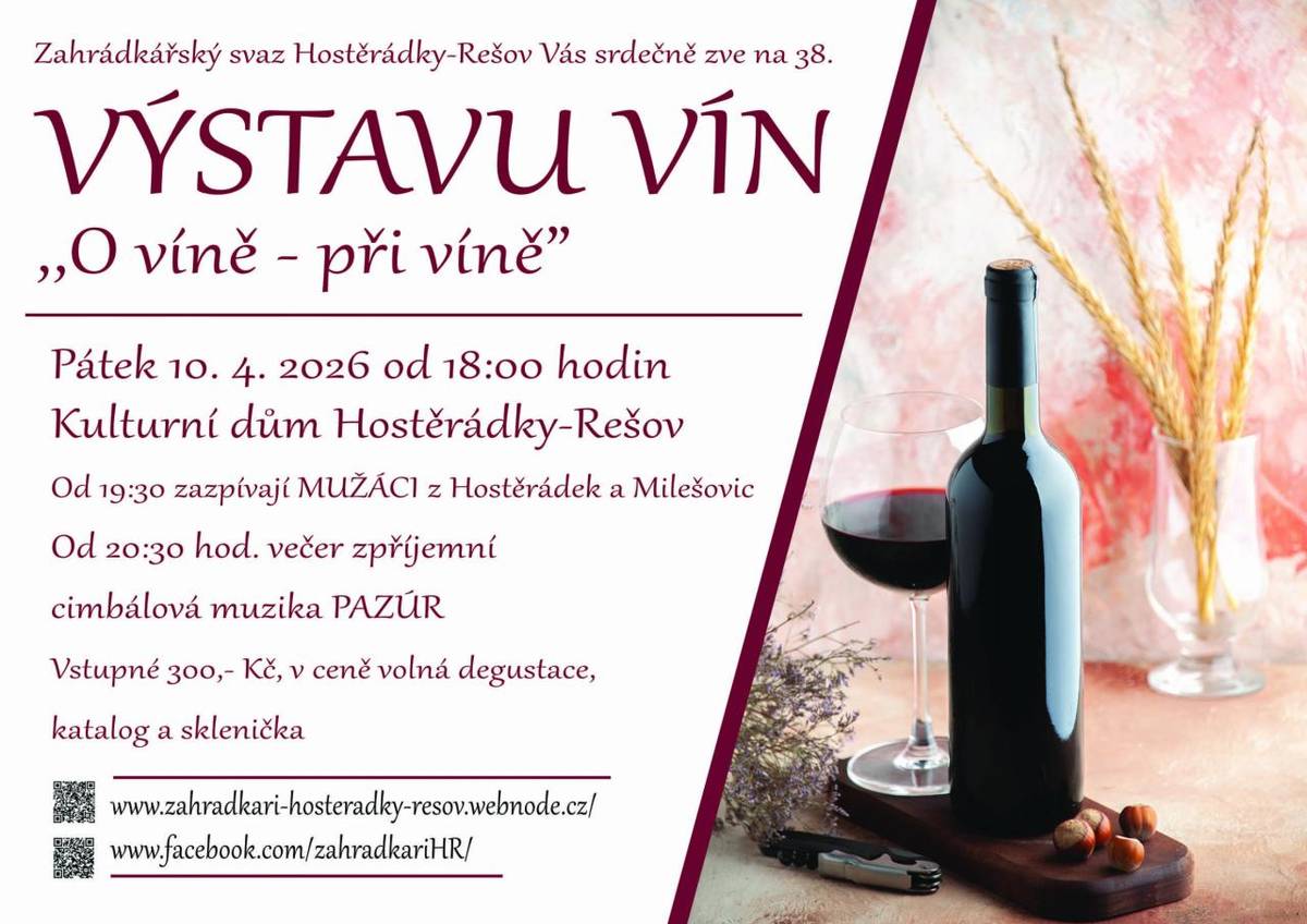 Zahrádkářský svaz Hostěrádky-Rešov Vás srdečně zve na 38. VÝSTAVU VÍN ,,O víně - při víně”.