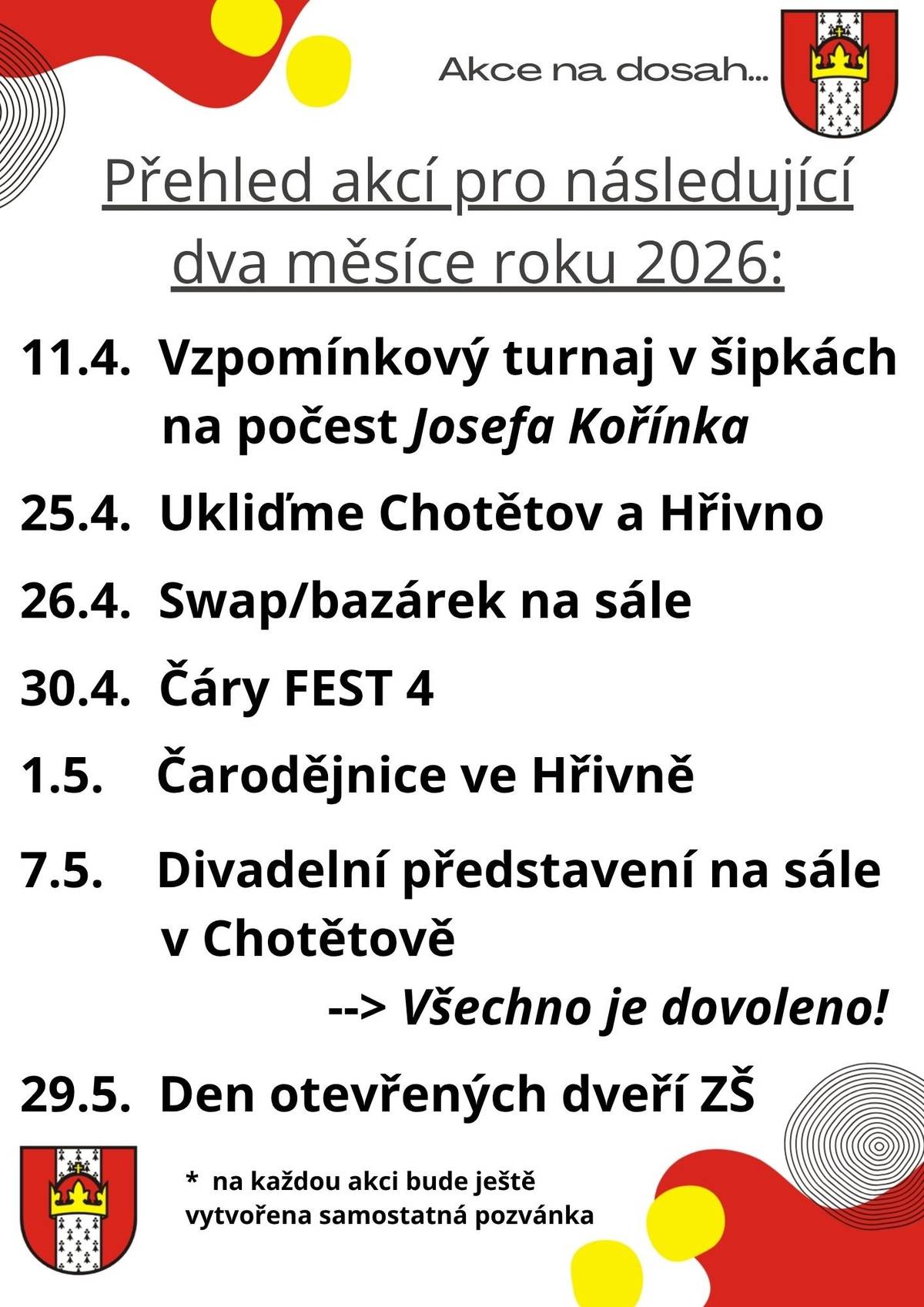 🔊 Přinášíme Vám přehled akcí na následující dva měsíce, ať víte na co se můžete zase těšit a zarezervovat si místo ve Vašich kalendářích! Městys Chotětov - akce na dosah 💁♂️.