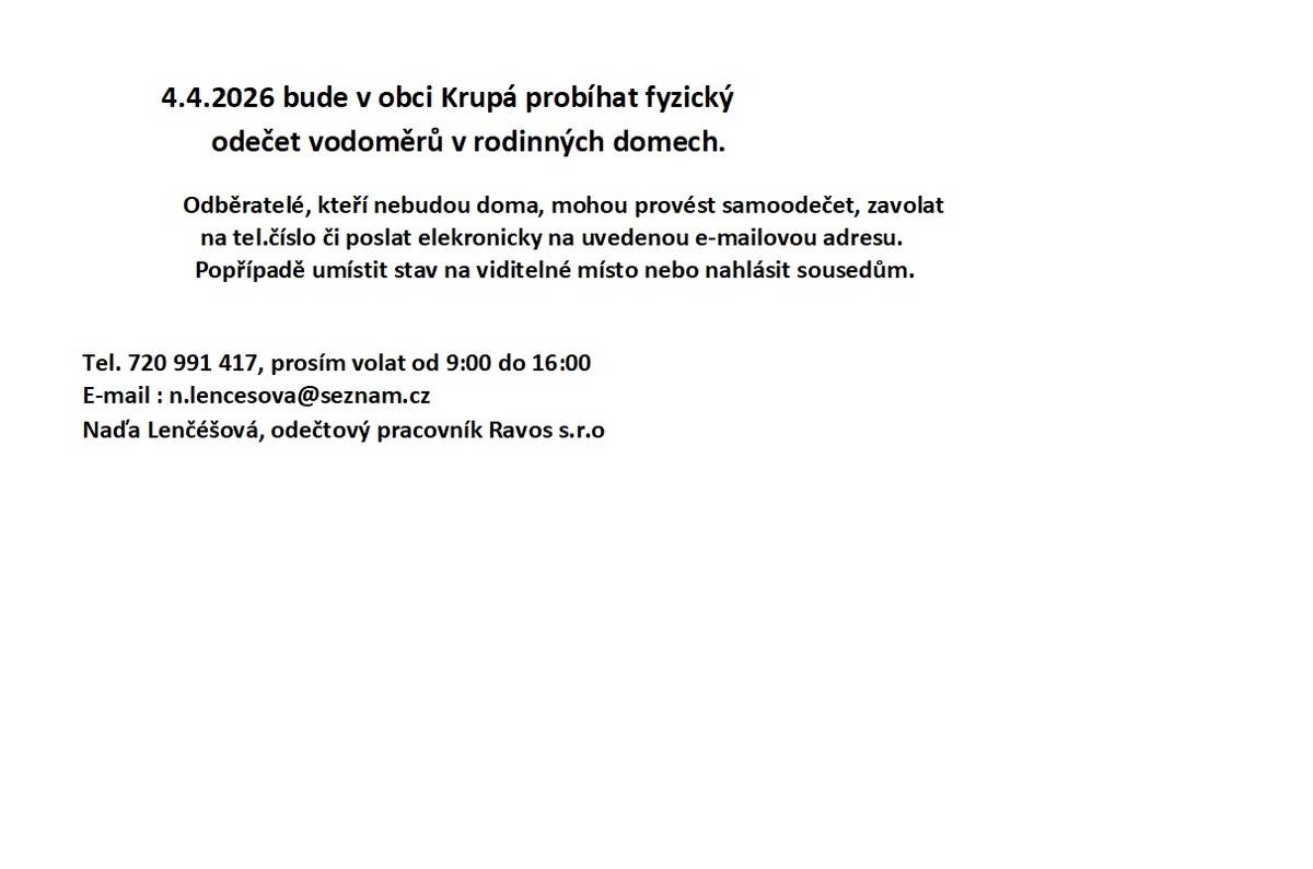 4.4.2026 bude v obci Krupá probíhat fyzický   odečet vodoměrů v rodinných domech.