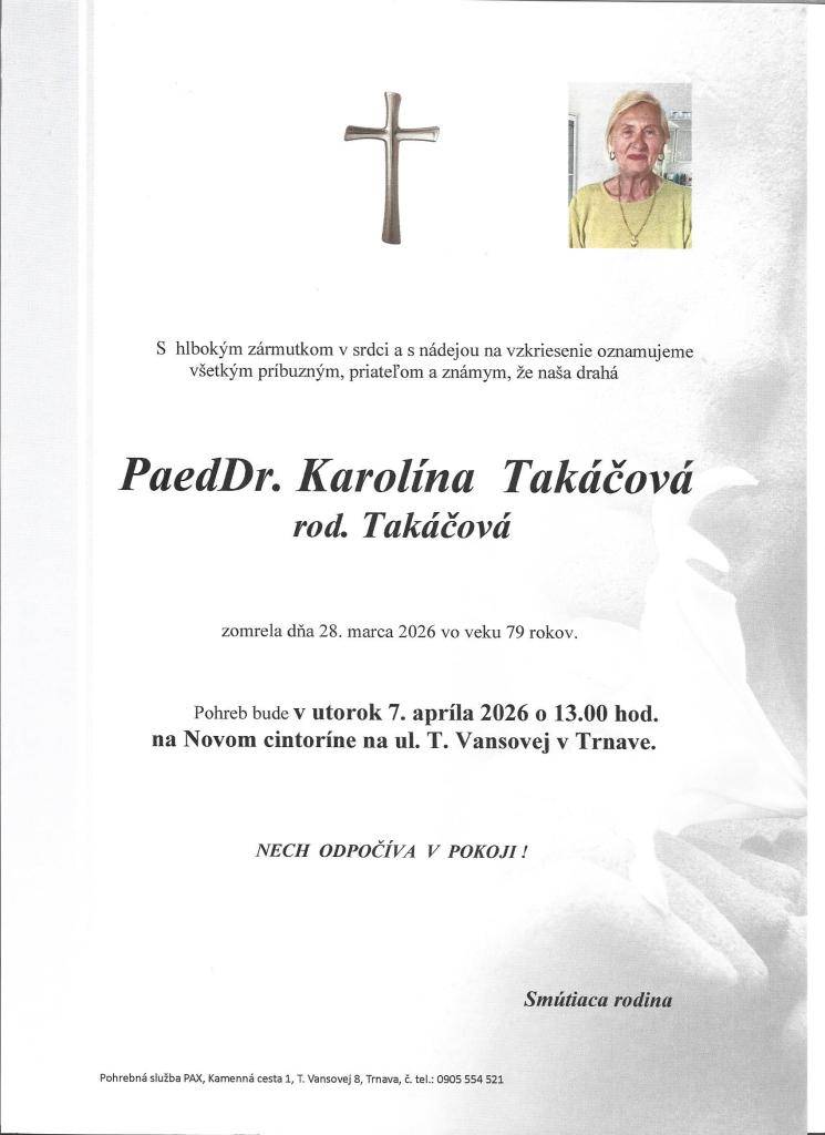 Naša bývalá p. učiteľka nás navždy opustila 28.3.2026. Posledná rozlúčka so zosnulou bude v utorok 7.4.2026 o 13 hodine na Novom cintoríne na ul. T. Vansovej v Trnave.
