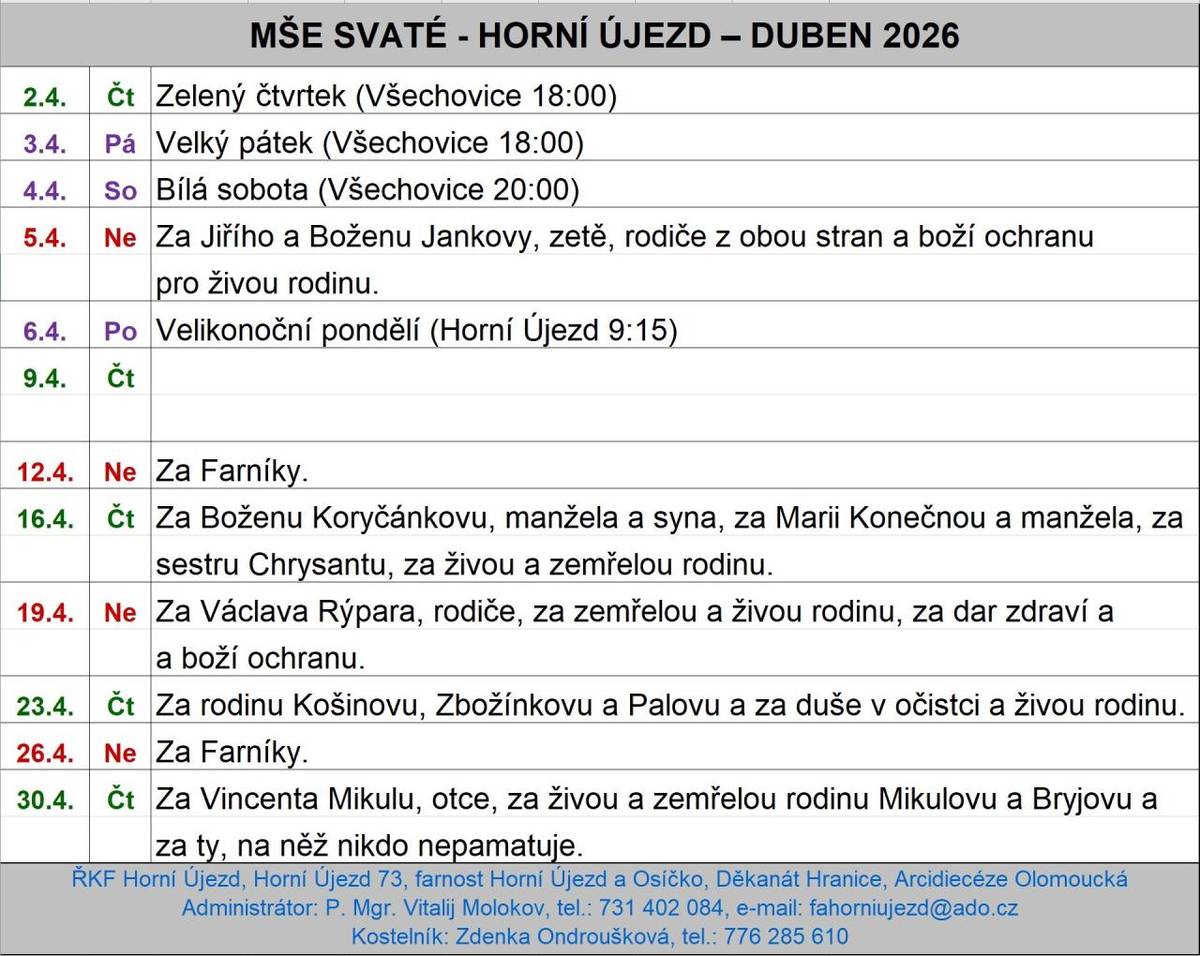 mše svaté v měsíci dubnu