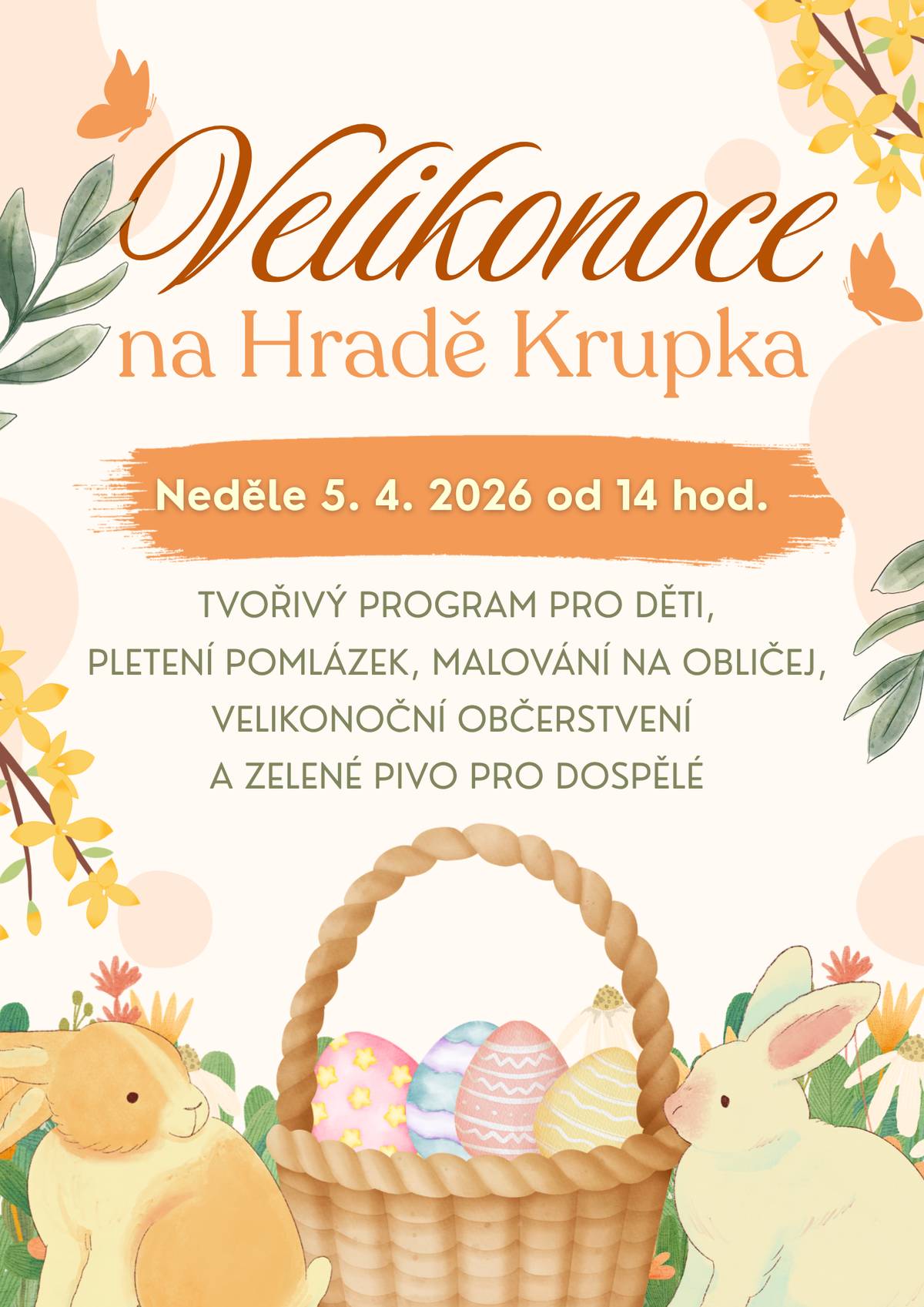 Přijďte si užít příjemné velikonoční odpoledne na Hradě Krupka. V neděli 5. 4. 2026 od 14:00 je pro děti připraven tvořivý program, pletení pomlázek, malování na obličej a další velikonoční aktivity. Nebude chybět ani občerstvení a pro dospělé velikonoční zelené pivo. Přijďte strávit příjemné odpoledne s dětmi a užít si velikonoční program. Těšíme se na Vás!