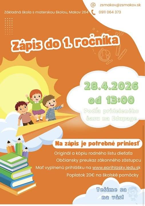 Vážení rodičia, srdečne Vás pozývame na zápis do 1. ročníka, ktorý sa uskutoční 28. apríla 2026 od 13:00. Čas si vyberiete v Edupage po zaregistrovaní. Pred samotným zápisom je potrebné, aby ste sa od 1. apríla 2026 zaregistrovali na stránke www.eprihlasky.iedu.sk, kde nájdete aj podrobný návod:https://eprihlasky.iedu.sk/Pomoc-a-podpora/Zakladne-skoly      Tešíme sa na Vás!
