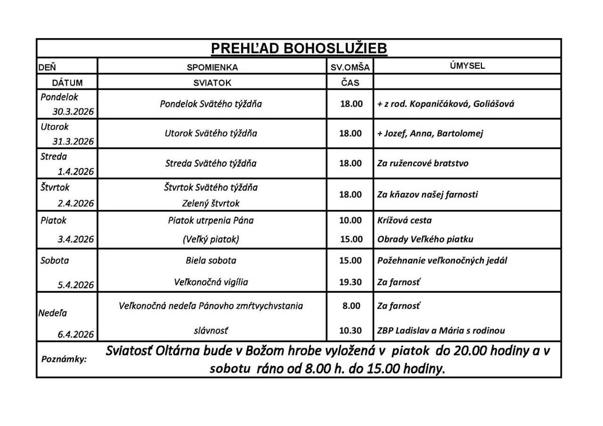 Prehľad Bohoslužieb 30.03.2026- 05.04.2026