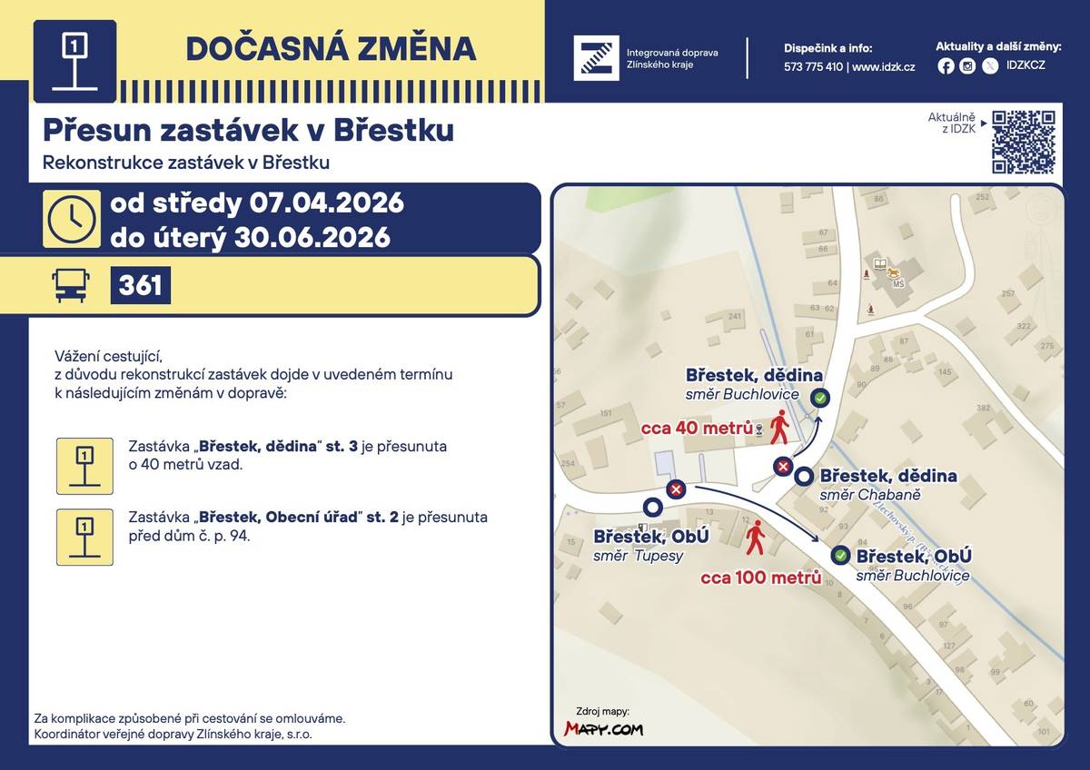 Vážení občané,rádi bychom Vás informovali o dočasné změně v organizaci veřejné dopravy, která se dotýká i naší obce. Z důvodu revitalizace návsi v obci Břestek dochází k dočasnému přesunu autobusových zastávek: Přesné informace o novém umístění zastávek naleznete v přiloženém informačním letáku.Žádáme občany, aby této změně věnovali pozornost, zejména při plánování svých cest. Děkujeme za