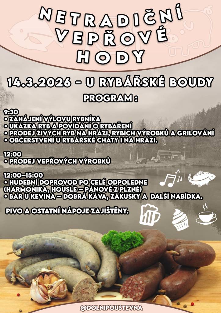 Dne 14. března 2026 se v našem městě konaly netradiční vepřové hody, které byly součástí výlovu Sportovního rybníka. Tato akce přilákala širokou veřejnost a nabídla bohatý výběr pokrmů i příležitost k setkání s přáteli a sousedy.