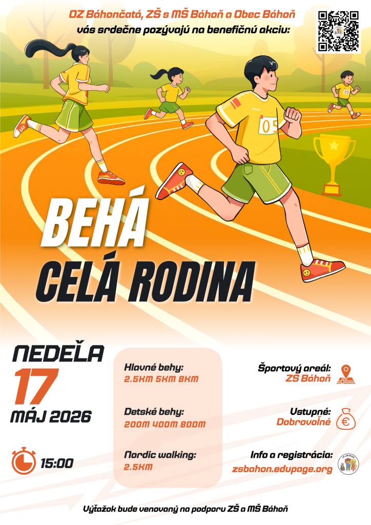 Pozvanie na komunitné podujatie - 1. ročník benefičného behu „Behá celá rodina“, ktoré sa uskutoční v obci Báhoň.