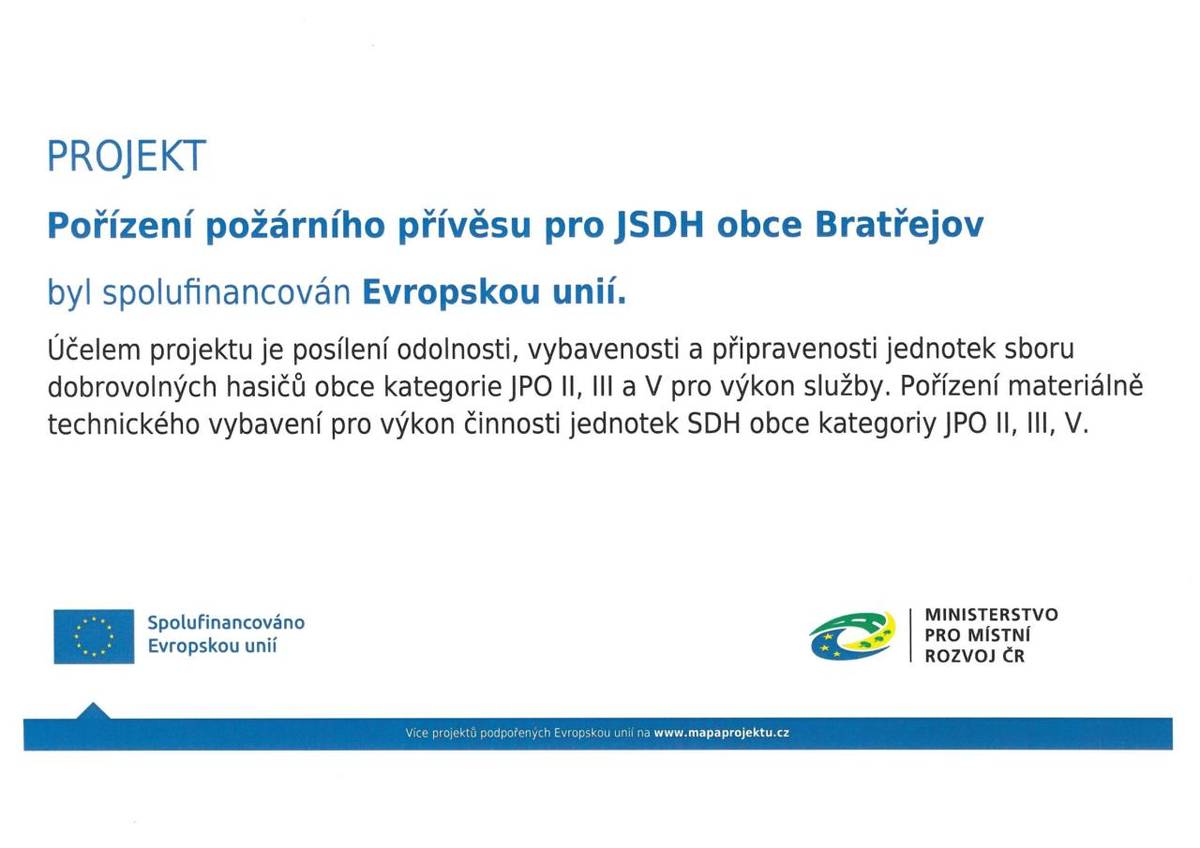 Projekt k posílení odolnosti, vybavenosti a připravenosti JSDH obce, spolufinancován Evropskou unií.