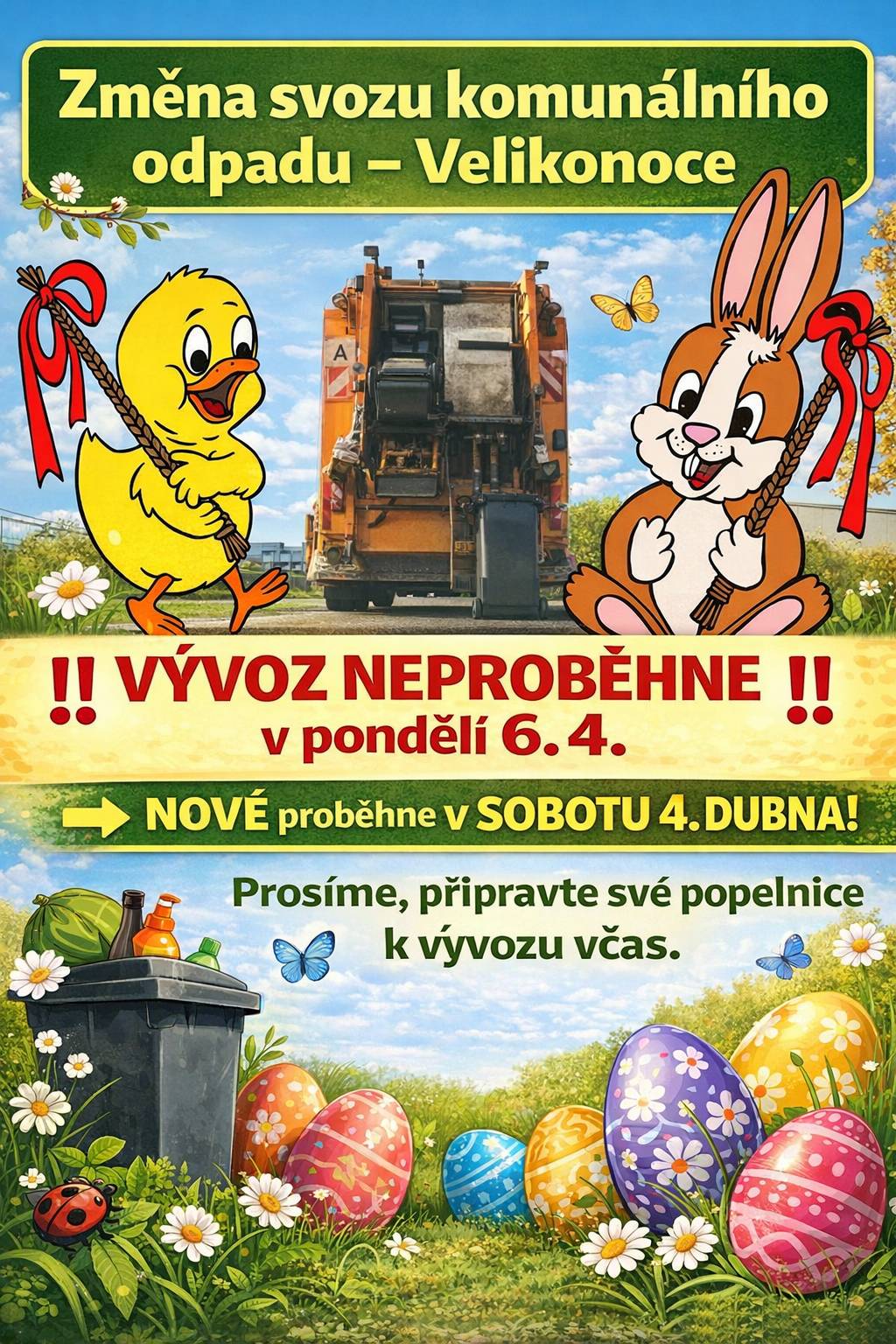 Upozorňujeme občany na změnu termínu svozu komunálního odpadu. Vývoz NEPROBĚHNE v pondělí 6. 4. nově PROBĚHNE již v sobotu 4. 4. Prosíme, připravte své popelnice k vývozu včas. Děkujeme za pochopení.