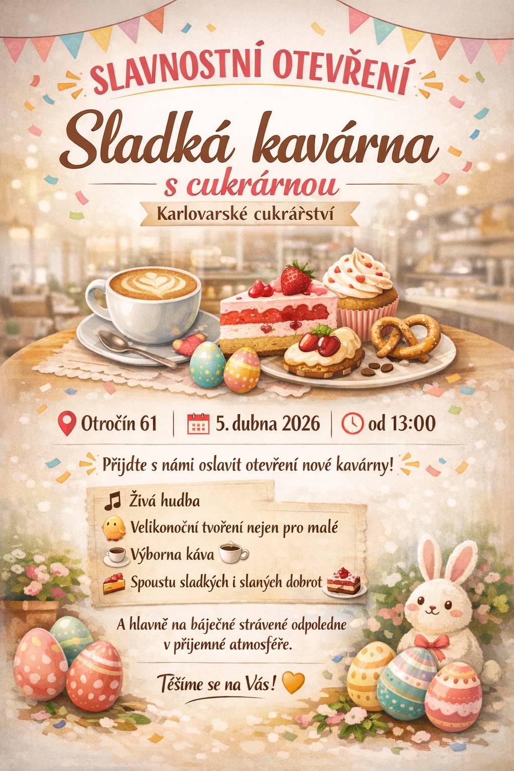 Jste srdečně zváni na slavnostní otevření Sladké kavárny - kdy: 5.4.2026 od 13.00 hodin, kde: Otročín č.p. 61 - u Žmolků. Čeká Vás živá hudba, velikonoční tvoření, výborná káva a spousty sladkých i slaných dobrot.