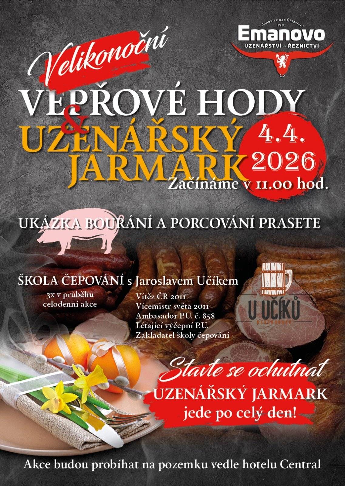 V sobotu 4. 4. to bude vonět široko daleko – chystají se Velikonoční vepřové hody & uzenářský jarmark!  Těšit se můžete na ukázku bourání a porcování prasete. Po celý den vás čeká poctivý uzenářský jarmark plný dobrot, které potěší každého milovníka tradičních chutí. A pokud si chcete dopřát pivo jako od profíka, nenechte si ujít školu čepování s Jaroslavem Učíkem, vícemistrem světa z roku 2011. Přijďte si užít den plný vůní, chutí a skvělé atmosféry – tady bude opravdu veselo! 🍻