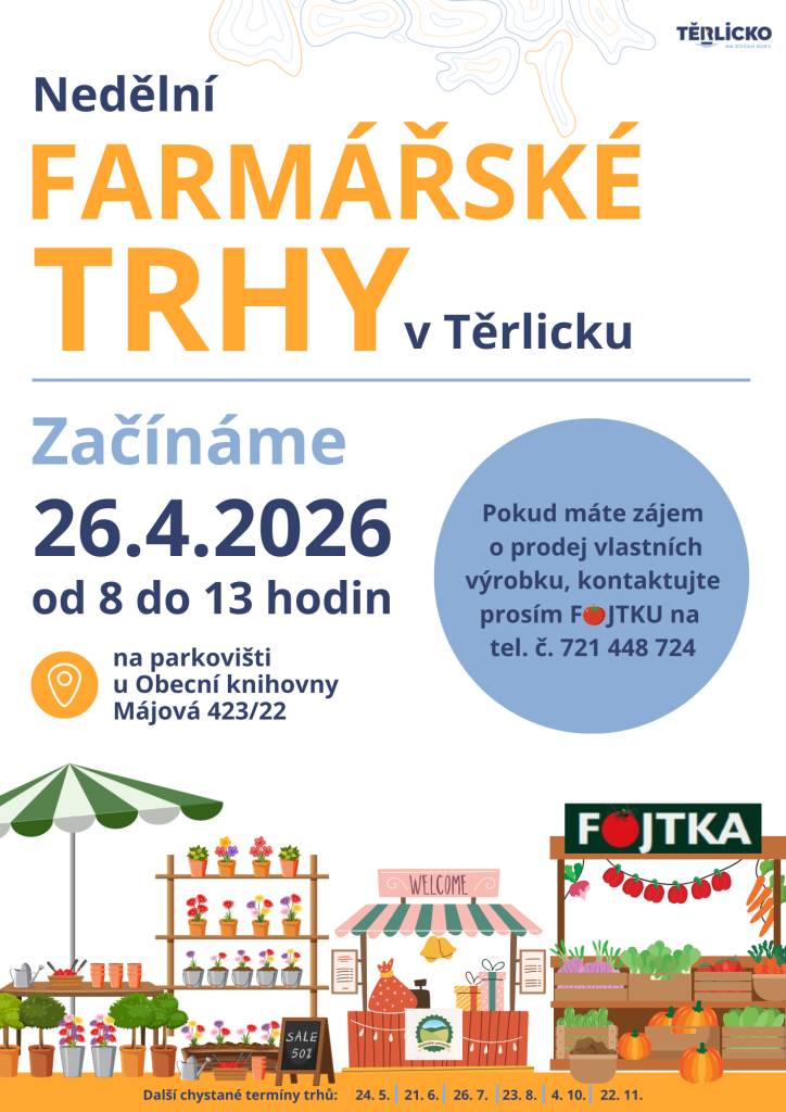 Nedělní FARMÁŘSKÉ TRHY v Těrlicku 26.04.2026 od 08:00 do 13:00 hodin na parkovišti u Obecní knihovny.