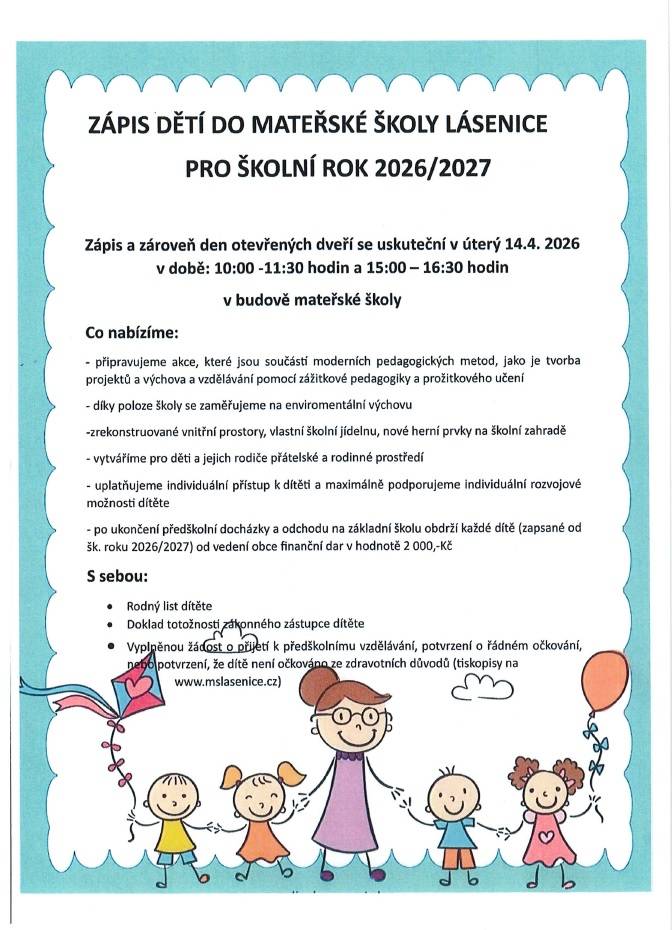 V úterý 14.04.2026 bude zápis do mateřské školy v Lásenici. Více informací najdete v přiloženém letáku.