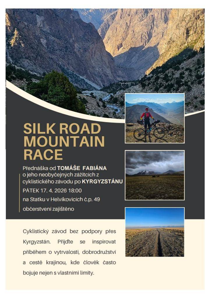 Kulturní výbor obce Helvíkovice vás srdečně zve na  přednášku Tomáše Fabiána - Sportsmana o jeho neobyčejných zážitcích z cyklistického závodu po Kyrgyzstánu.  V pátek 17. dubna 2026 od 18 h.  Statek č.p. 49 Helvíkovice.  Občerstvení zajištěno.  Vstupné dobrovolné.