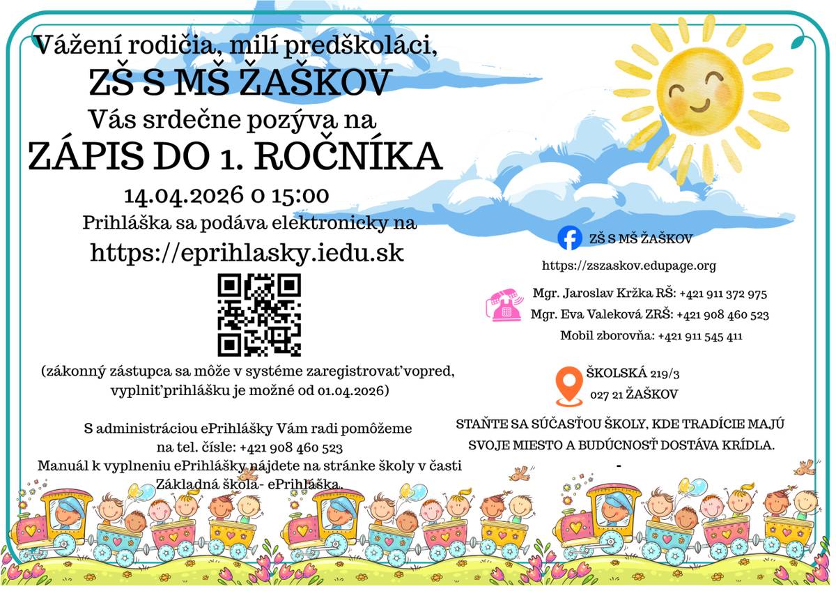 Základná škola s materskou školou Žaškov vás srdečne pozýva k zápisu do 1. ročníka základnej školy, ktorý sa uskutoční 14. apríla 2026 o 15:00 hodine v priestoroch základnej školy