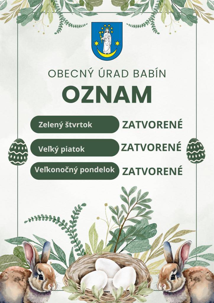 ÚRADNÉ HODINY - VEĽKÁ NOC 2026