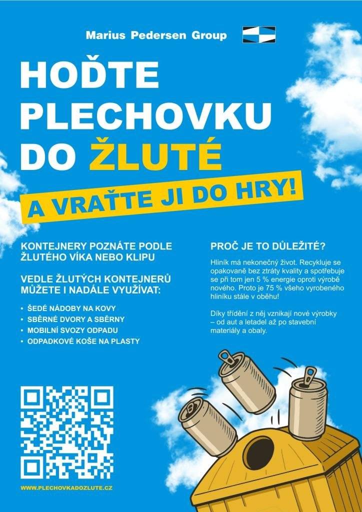 „Naše obec ve spolupráci se společností Marius Pedersen připomíná, že nápojové plechovky je možné odkládat i do žlutých kontejnerů a popelnic na plasty.♻️Pokud je vhodíte do žlutého kontejneru nebo žluté nádoby, je možné je spolehlivě vytřídit a recyklovat. Hliník má totiž „nekonečný život“ – dá se recyklovat opakovaně bez ztráty kvality a při tom se spotřebuje jen zlomek energie oproti výrobě nového. 🌍     Díky třídění tak z hliníku vznikají nové výrobky – od obalů až po součásti aut nebo stavební materiály. Děkujeme všem obyvatelům, kteří poctivě třídí odpad a pomáhají udržovat naše město čisté.“