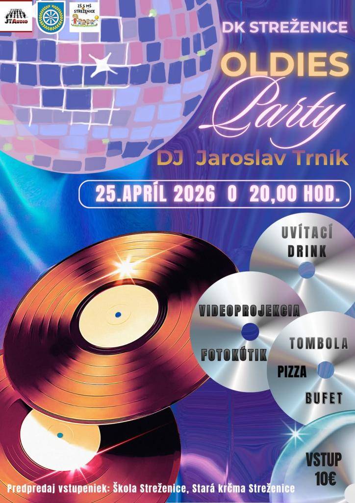 ZŠ s MŠ Streženice Vás pozýva na oldies párty, ktorá sa uskutoční dňa 25. apríla o 20:00 v dome kultúry Streženice. Tešiť sa môžete na uvítací drink, videoprojekciu, fotokútik, tombolu a s skvelú zábavu o ktorú sa postará DJ Jaroslav Trník. Vstupné 10 EUR.