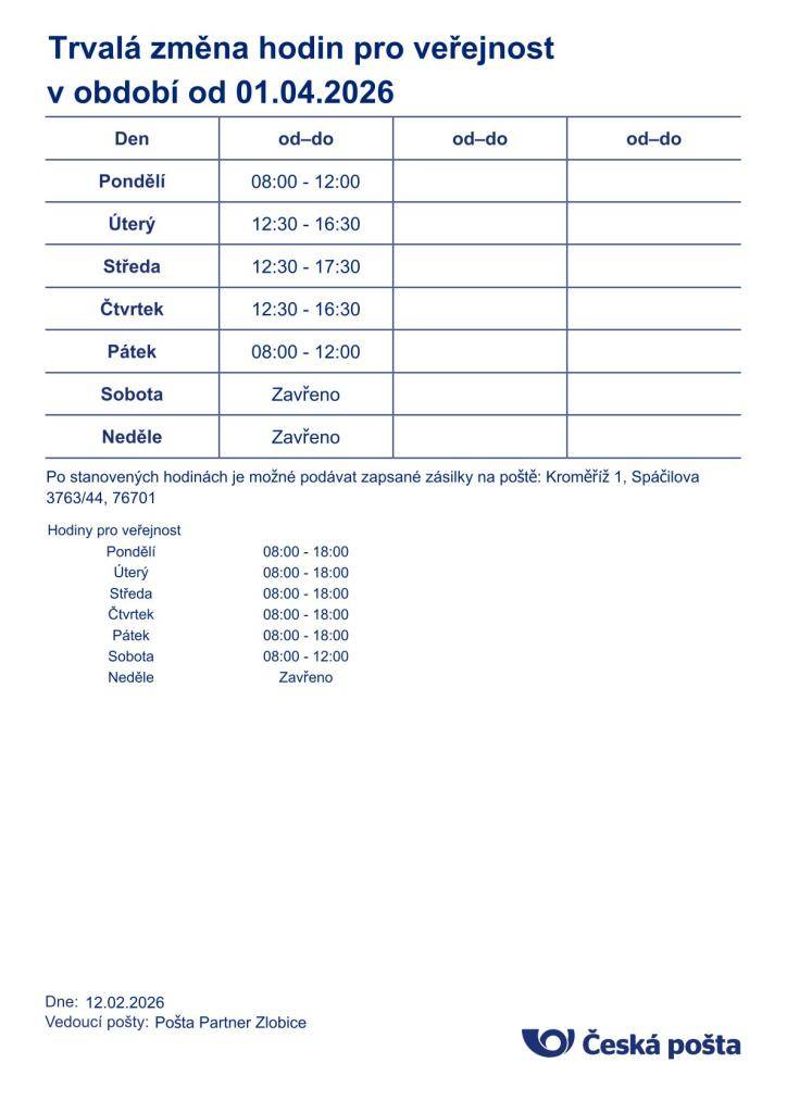 Trvalá změna otevírací doby pošty partner ve Zlobicích