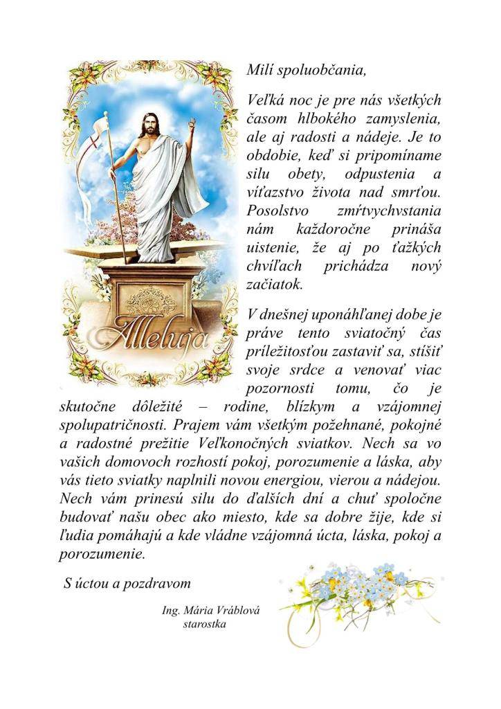 Míli občania, prianie k veľkonočným sviatkom.